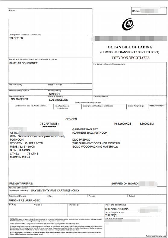 bill of lading - import from china to uk